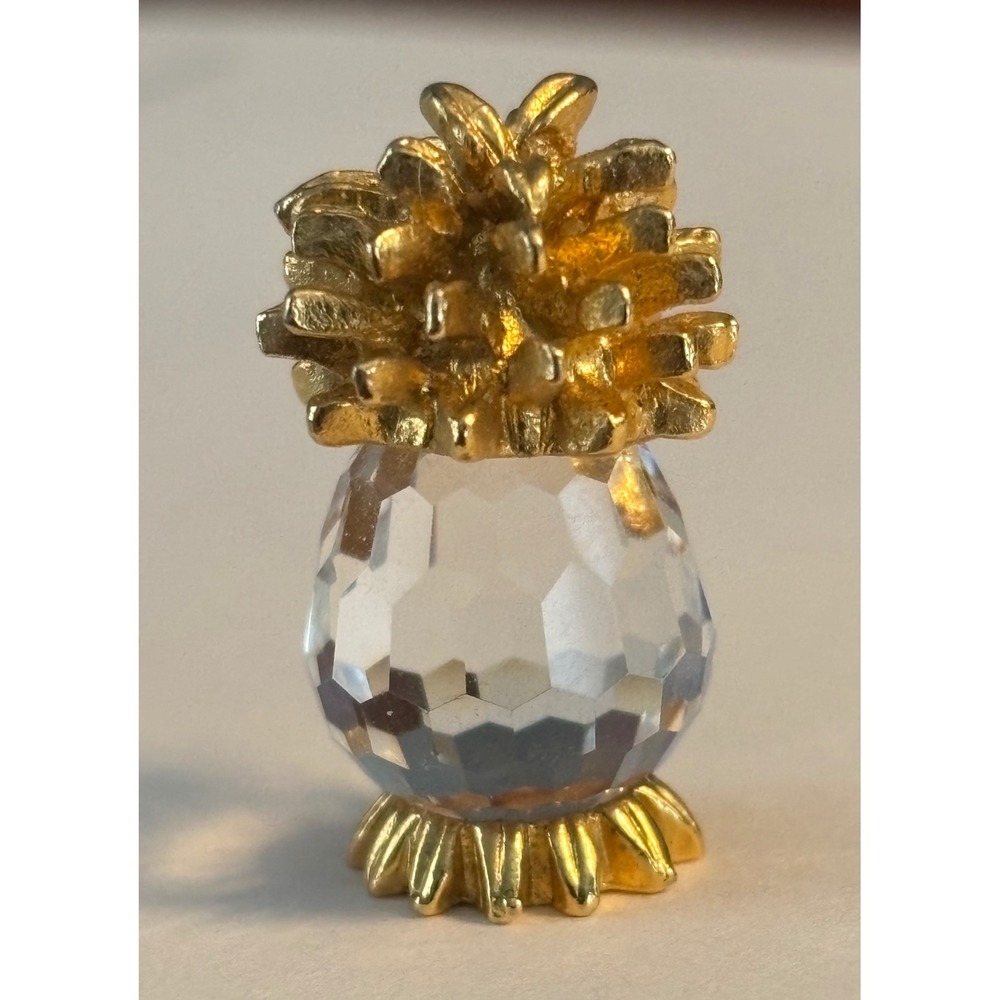 Miniature Faceted‎ Crystal Pineapple Figurine Gold Tone Metal Crown 1 Inch
